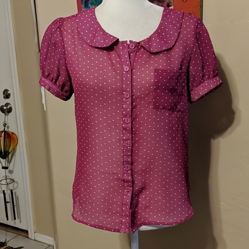 Delia's women's size M sheer pink polka dot blouse